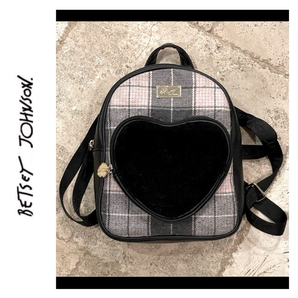 Betsy Johnson Black & Plaid Mini Backpack w/Furry Heart Shaped Zipper Pouch